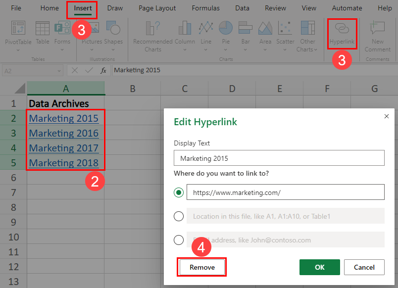 Edit hyperlink in Excel for the web app