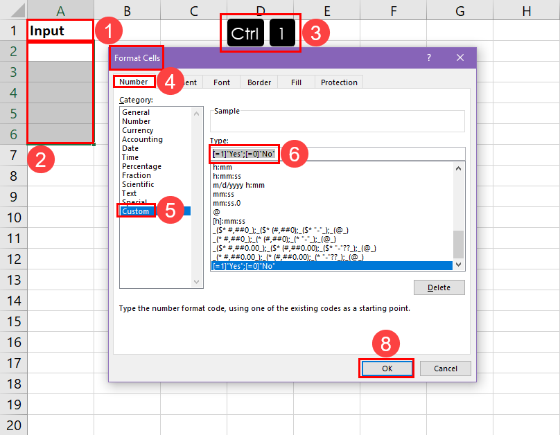 Entering a Custom Formatting rule in Excel cell