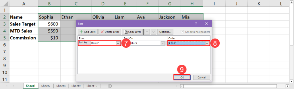 Excel horizontal sort using Sort & Filter