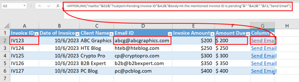 HYPERLINK function to send email