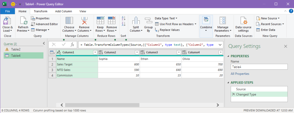 Imported dataset to power query
