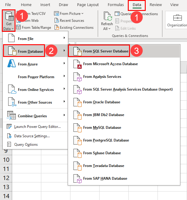 Importing database to Power Query from Data tab