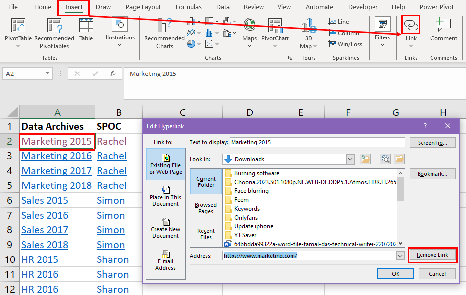 Link command tool in Links block