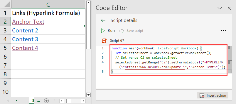 Office Scripts code to edit link in HYPERLINK function
