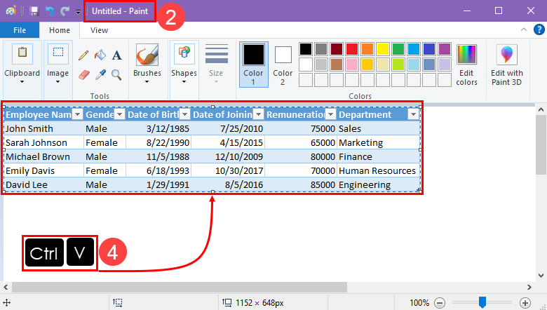 Pasting table on Paint