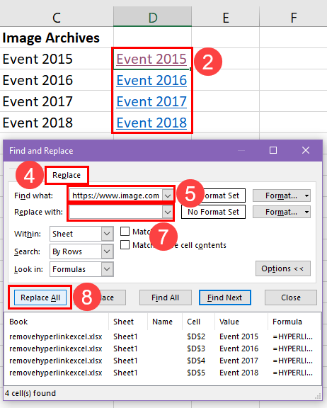 Remove hyperlink in Excel using find and replace