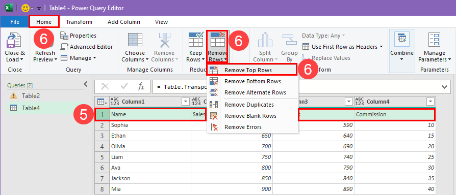 Remove top rows