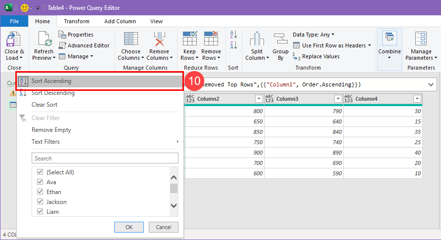 Sort ascending power query