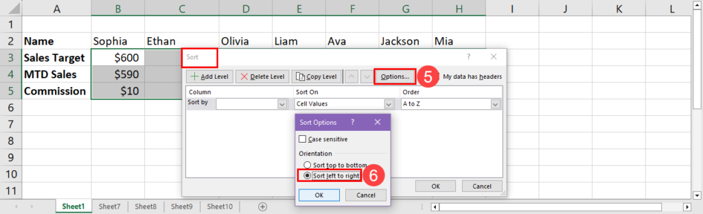 Sort options left to right