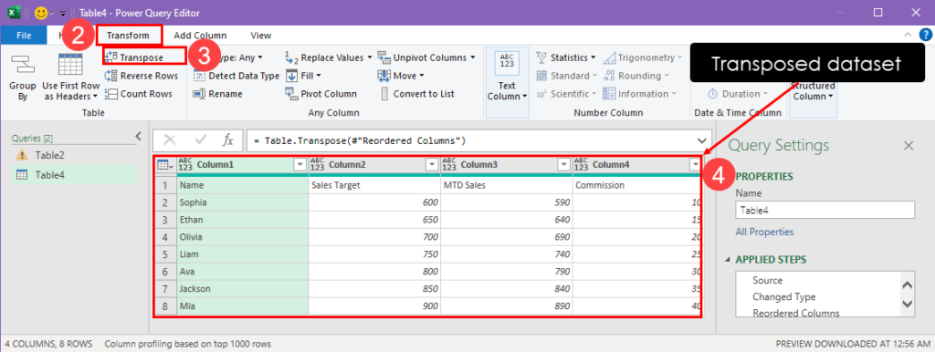 Transpose data in power query