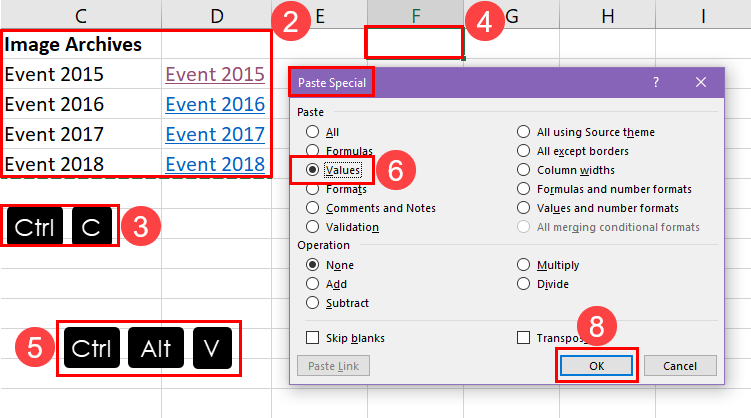 Use paste special to remove hyperlinks in Excel