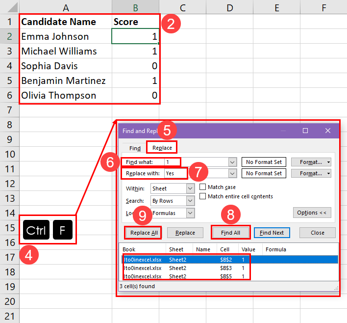 Using Find and Replace to convert 1 0 to Yes No in Excel