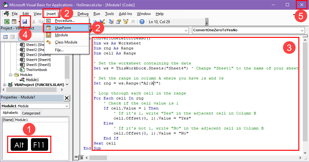 Writing VBA script to convert 1 0 to Yes No in Excel