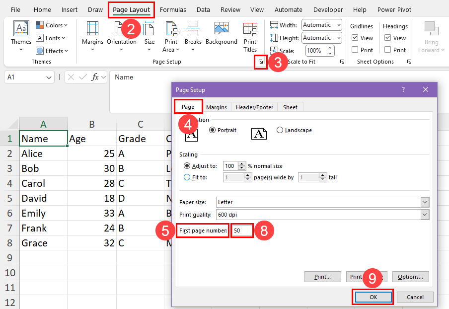 Changing the first page number in Excel