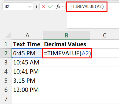 Entering the TIMEVALUE formula