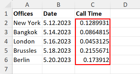 Excel time entry dataset example
