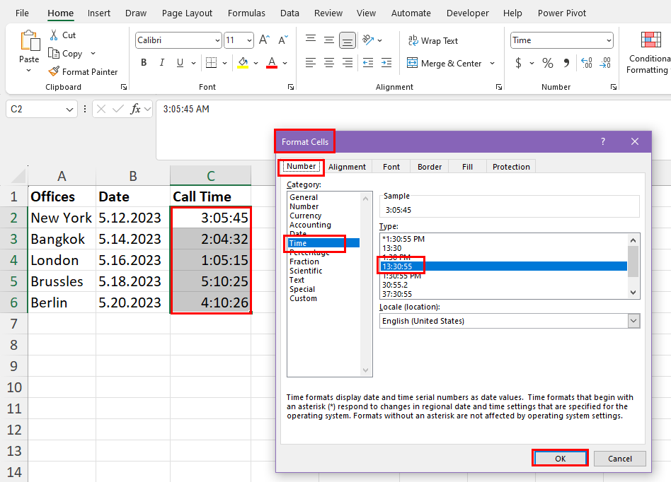 Format cells time category