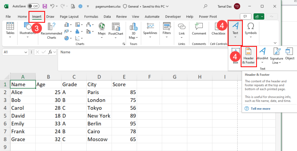 Header and footer element in Excel