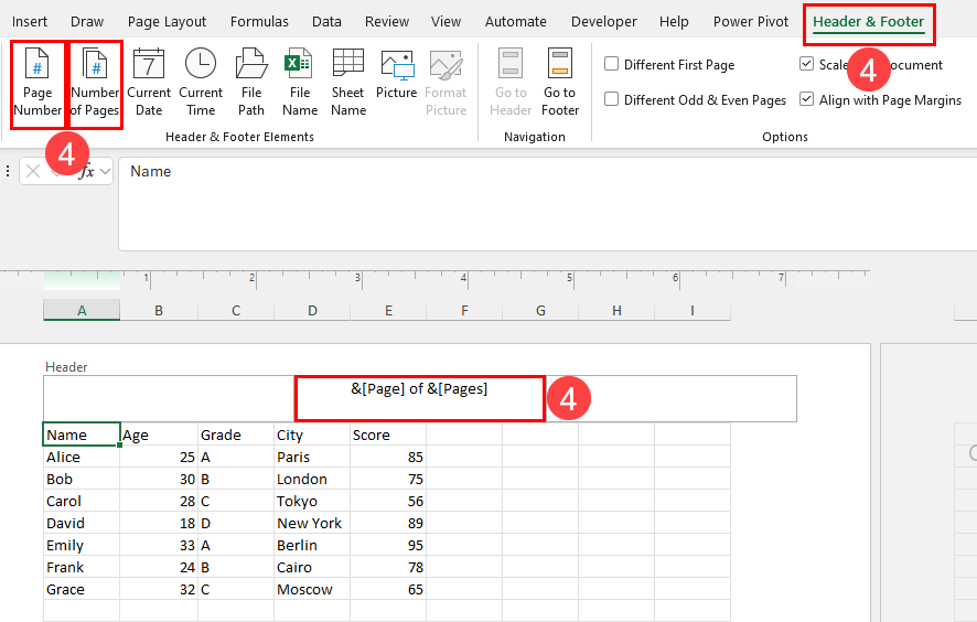 Header and footer to add page numbers
