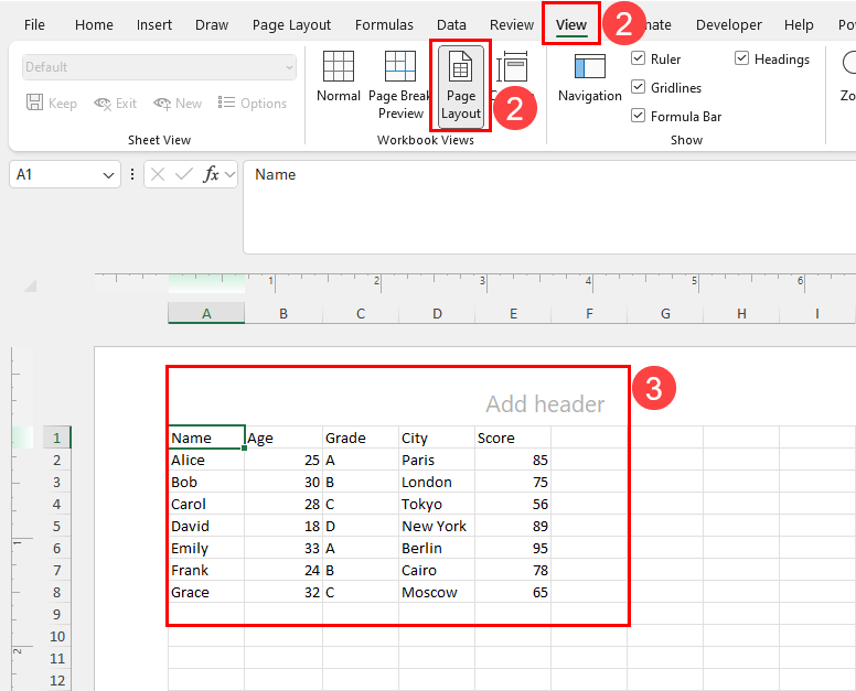 Page layout view on View tab Excel