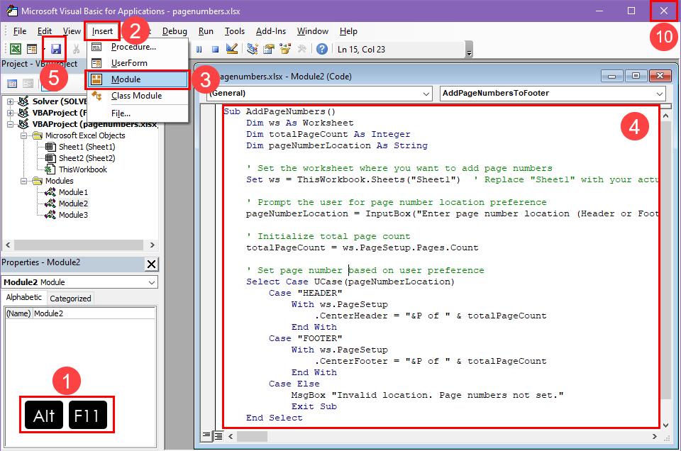 Setting up a VBA script to add page numbers