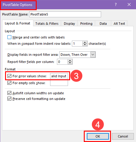 Setting up error text in PivotTable