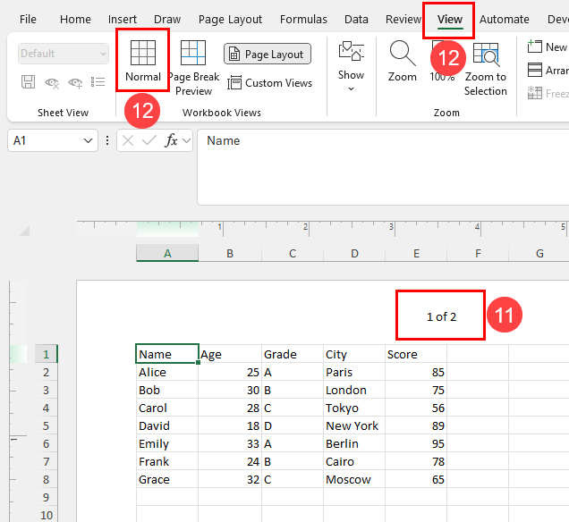 Switch to Normal view Excel