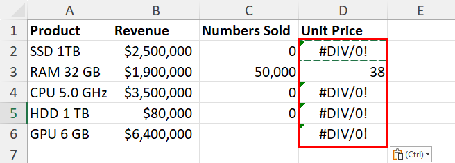 Unit price showing #DIV0