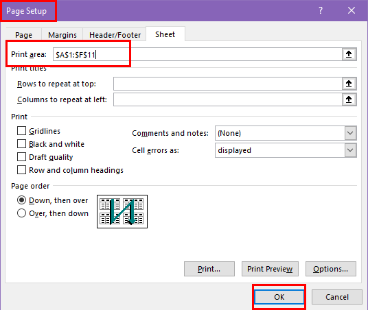 Added print area to page setup