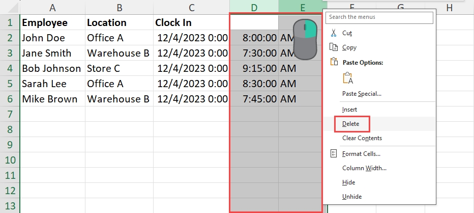 Delete junk columns