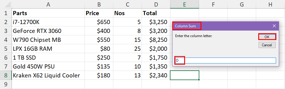 Entering column letter