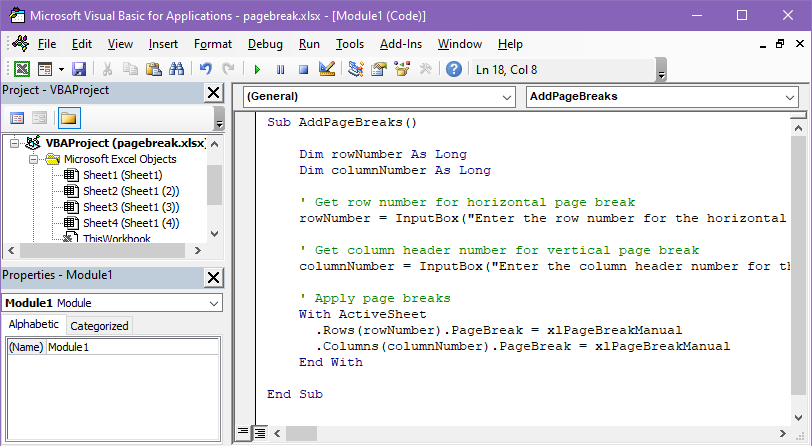 Excel VBA macro for page break