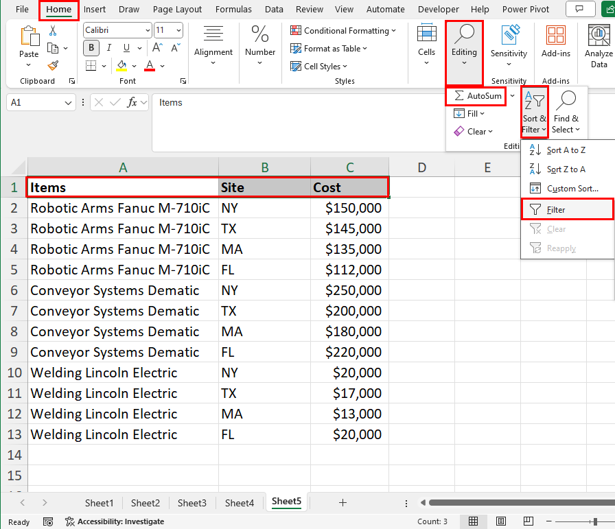Excel sort & filter