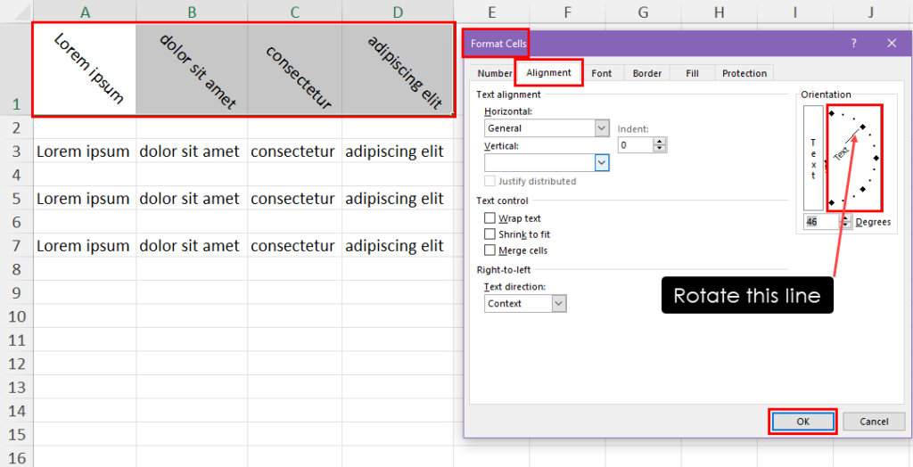 Format cells dialog with alignment
