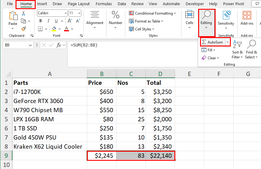 Multiple column autosum
