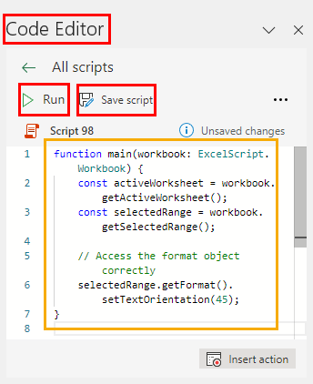 Office Scripts code editor