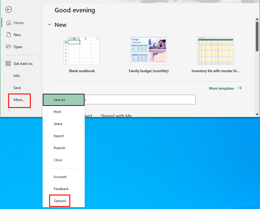 Open Excel Options