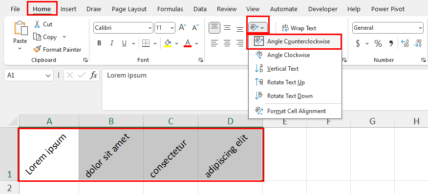 Orientation command in Excel