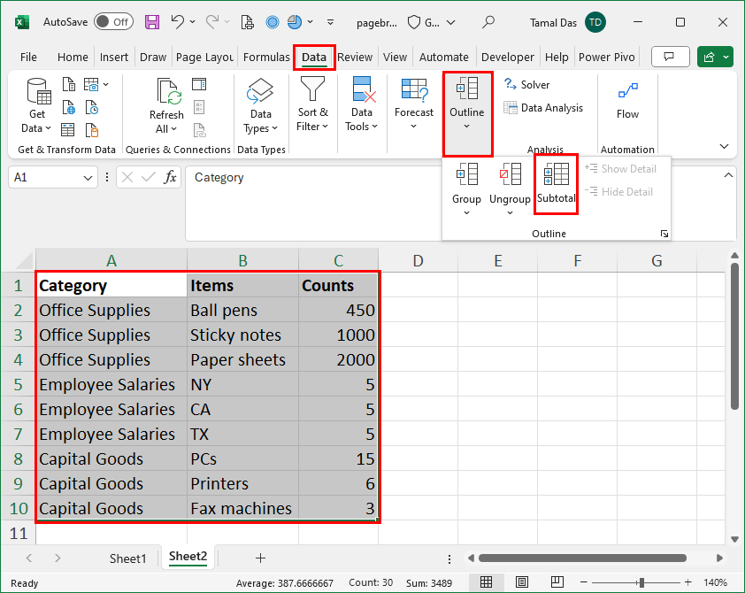 Outline subtotal in Excel