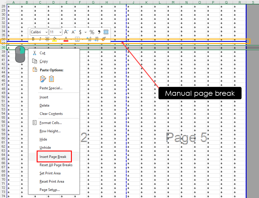 Right click manual page break