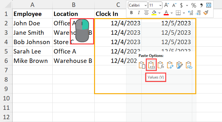 Right-click menu for paste options