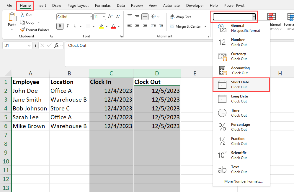 Short date on home tab