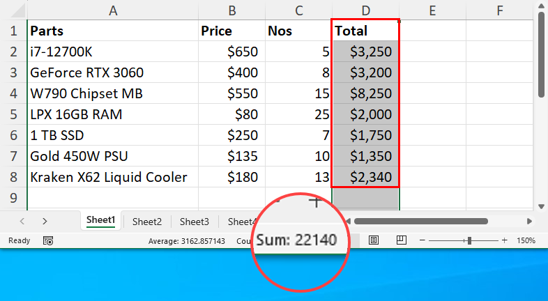 Sum in excel status bar