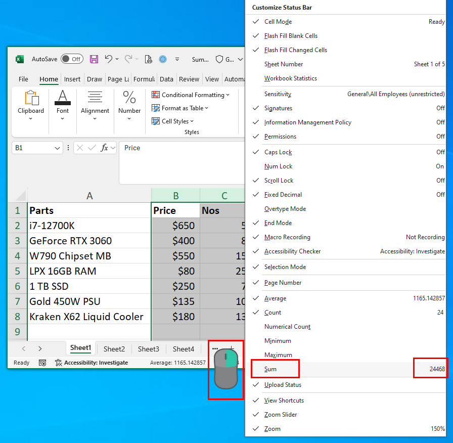 Sum option in status bar
