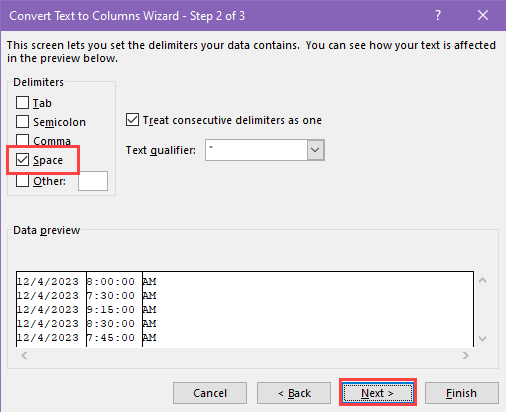 Text to columns wizard space delimitation
