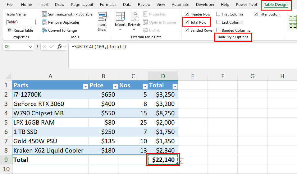 Total row in Excel table