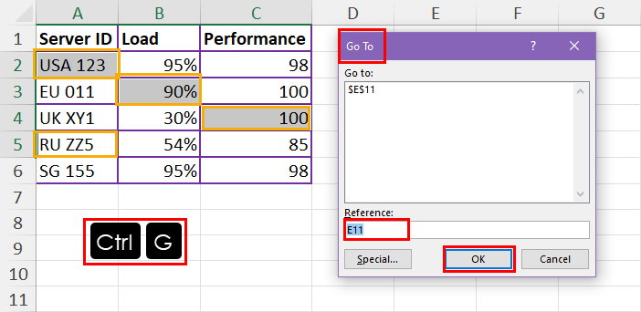 Use Go To to select multiple cells