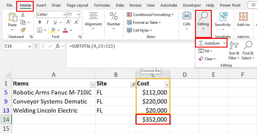 Using AutoSum in filtered column