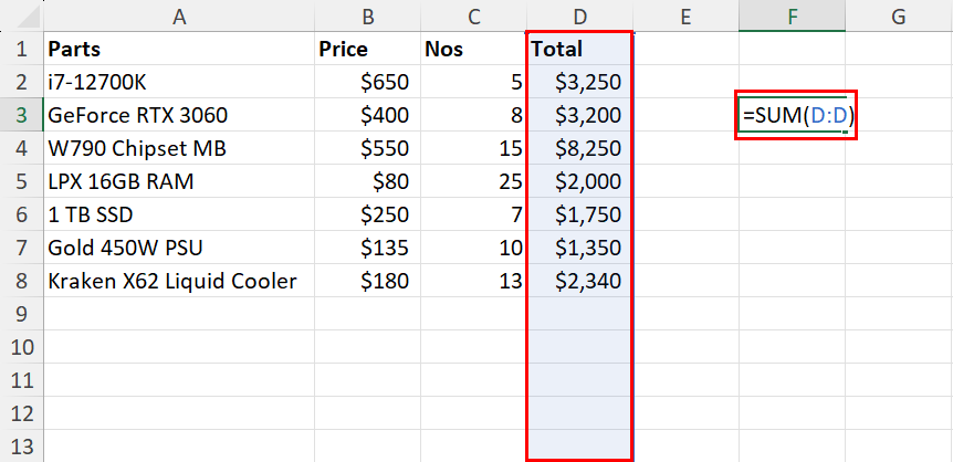 Using entire column SUM