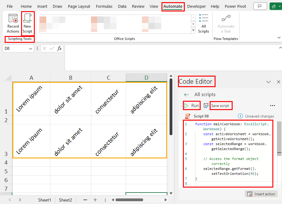 Using office scripts to change text rotation